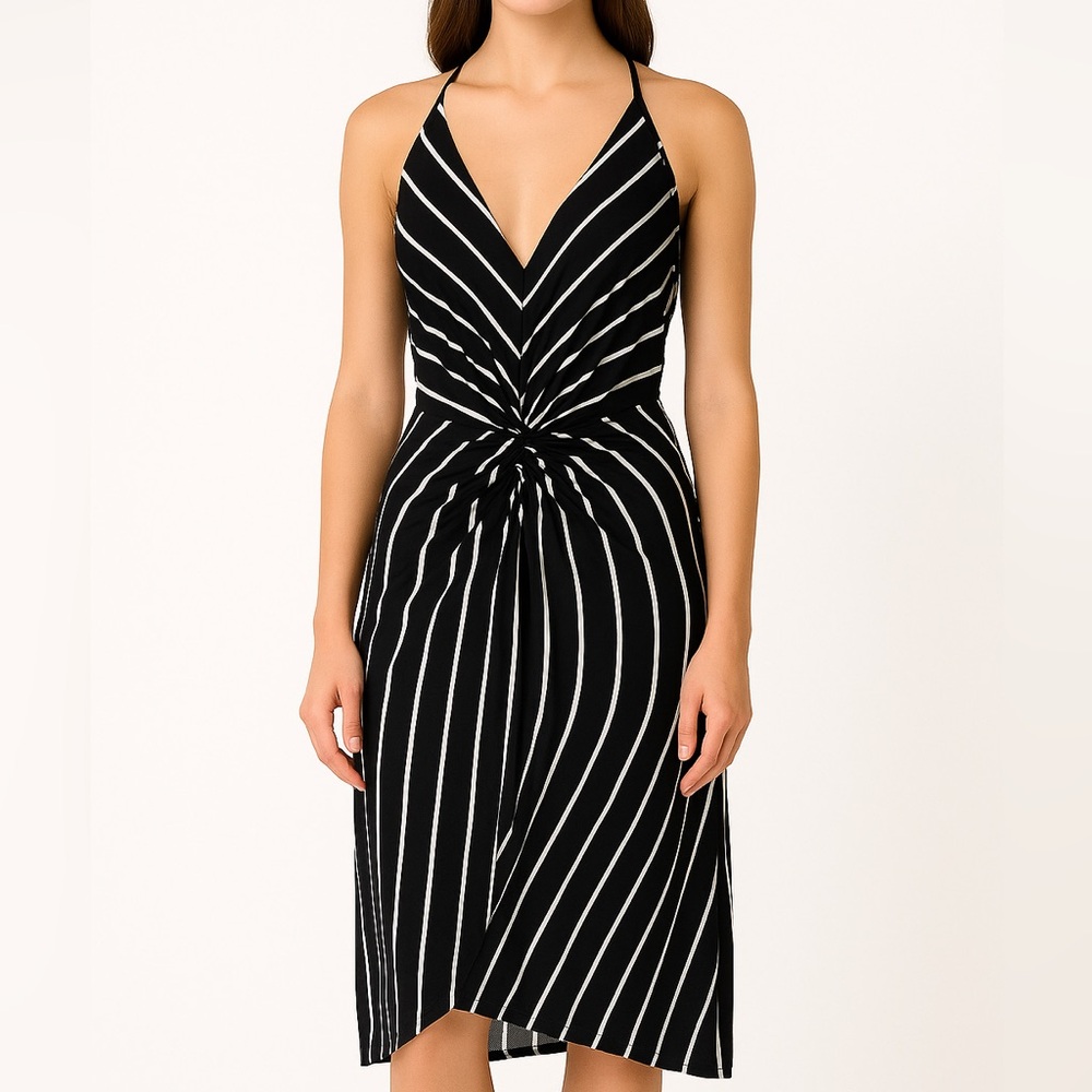 Black and White Striped Halter Dress